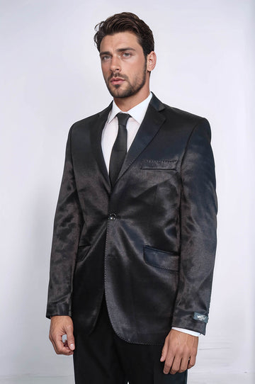 Abito da uomo nero in raso a due pezzi slim fit a due bottoni
