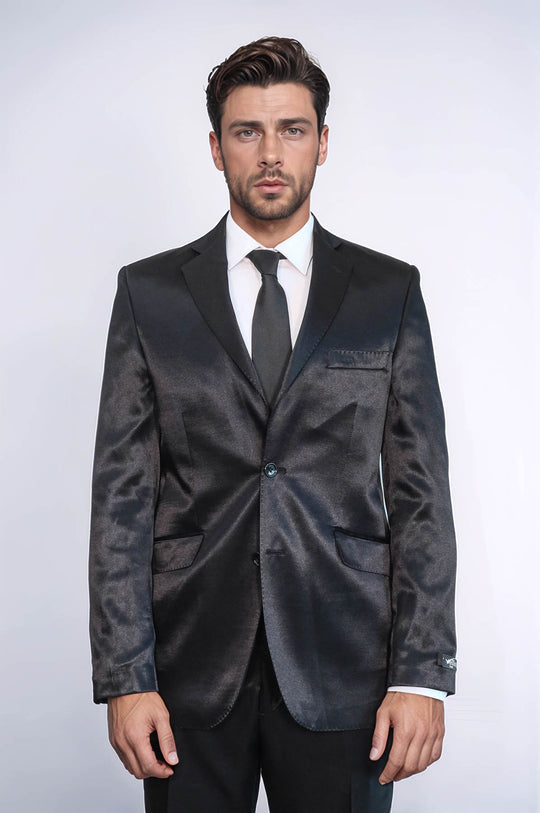 Abito da uomo nero in raso a due pezzi slim fit a due bottoni