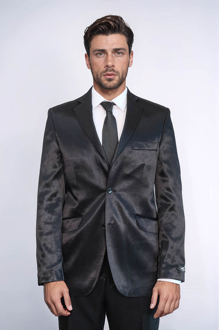 Two Buttons Two Piece Slim Fit Satin Black Men Suit