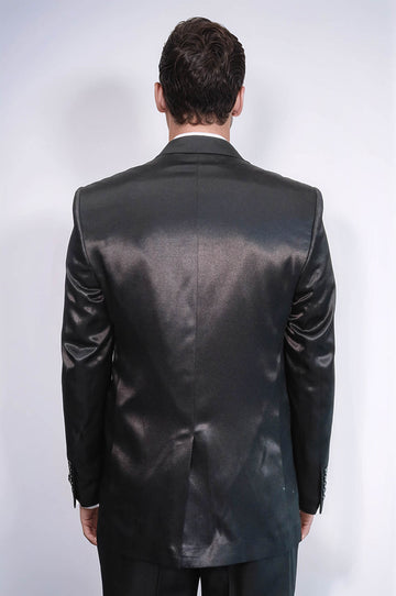 Abito da uomo nero in raso a due pezzi slim fit a due bottoni