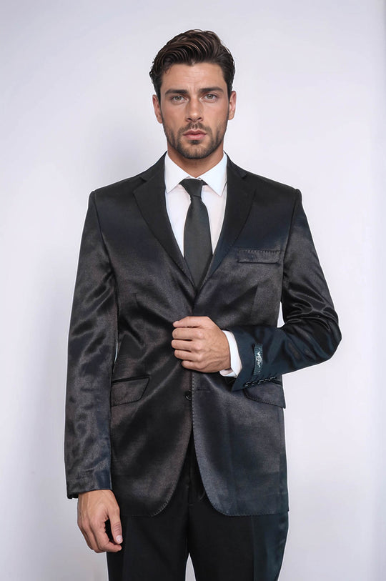 Abito da uomo nero in raso a due pezzi slim fit a due bottoni