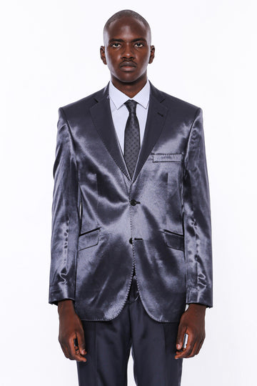 Тонкий атласный темно-синий мужской костюм из двух частей с двумя пуговицами