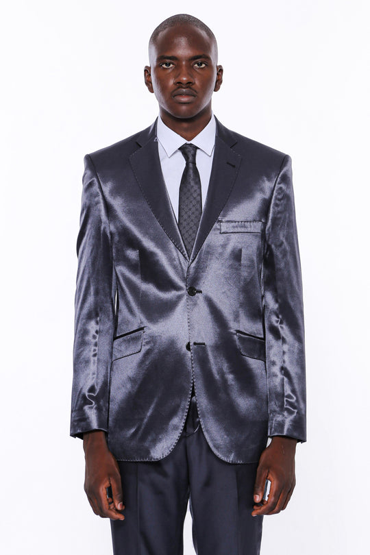 Тонкий атласный темно-синий мужской костюм из двух частей с двумя пуговицами