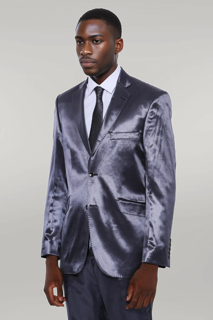 Costume Deux Pièces Slim Fit En Satin Bleu Marine Pour Homme