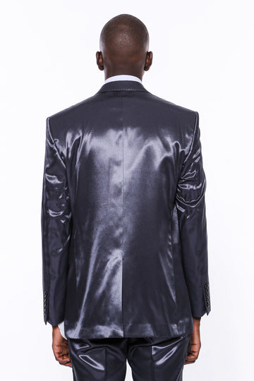 Тонкий атласный темно-синий мужской костюм из двух частей с двумя пуговицами