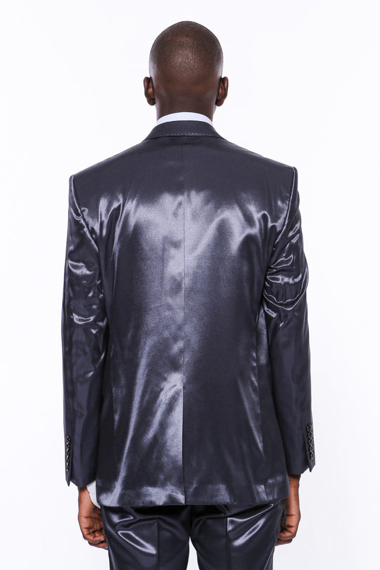 Тонкий атласный темно-синий мужской костюм из двух частей с двумя пуговицами