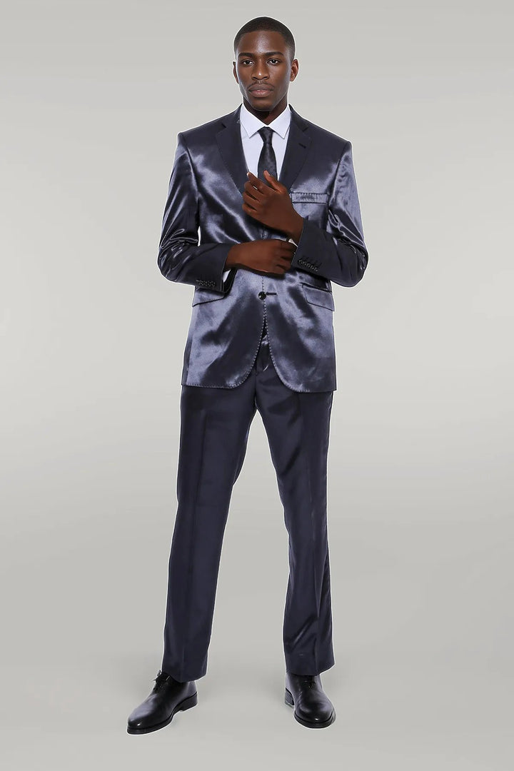 Costume Deux Pièces Slim Fit En Satin Bleu Marine Pour Homme