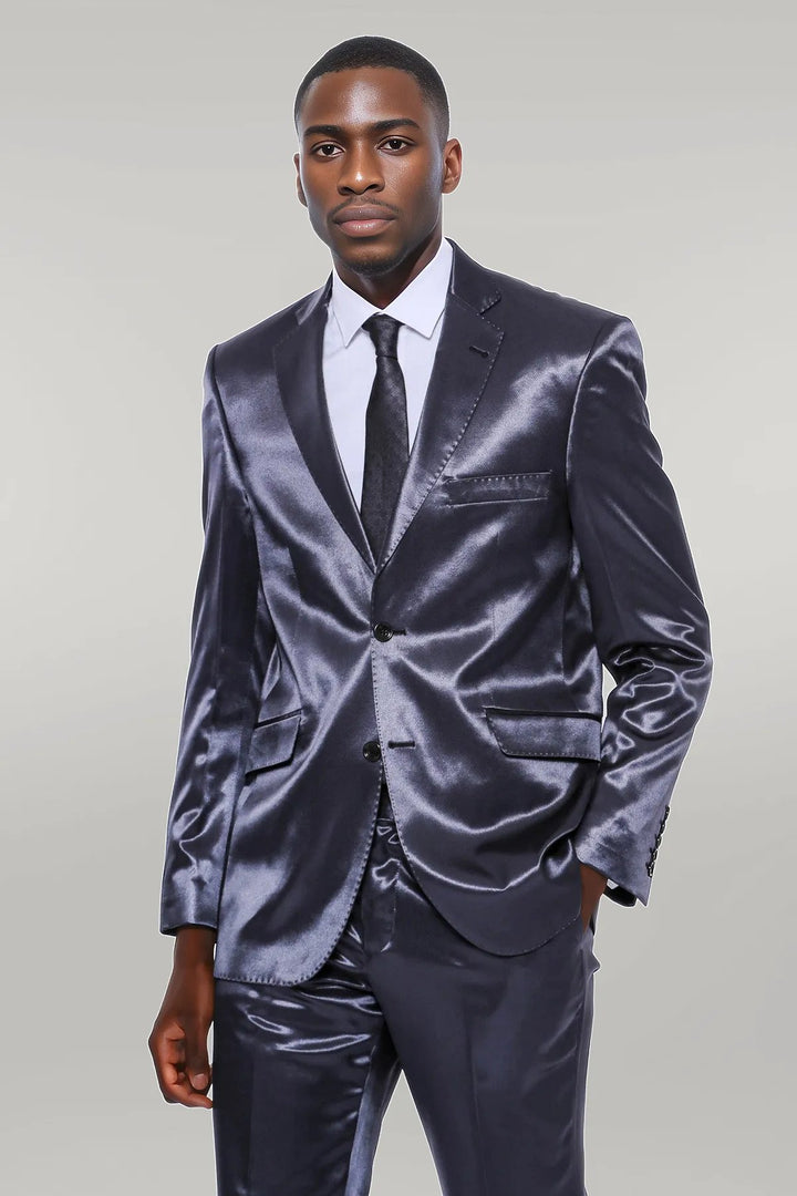 Costume Deux Pièces Slim Fit En Satin Bleu Marine Pour Homme