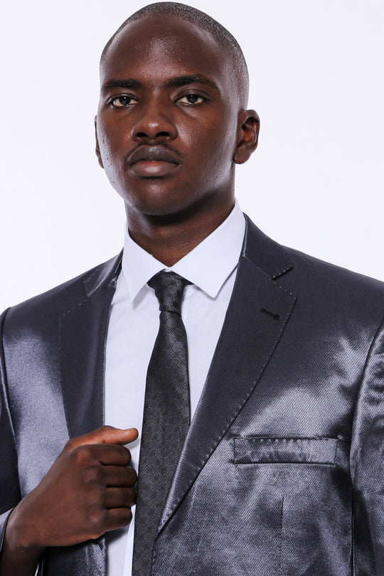 Тонкий атласный темно-синий мужской костюм из двух частей с двумя пуговицами