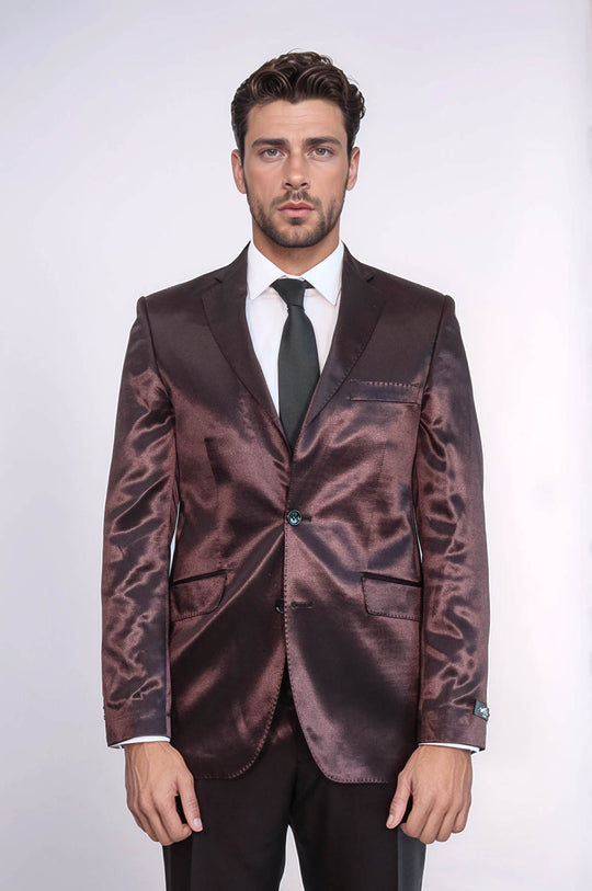 Abito da uomo marrone satinato a due pezzi slim fit a due bottoni