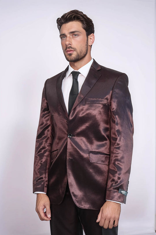 Abito da uomo marrone satinato a due pezzi slim fit a due bottoni