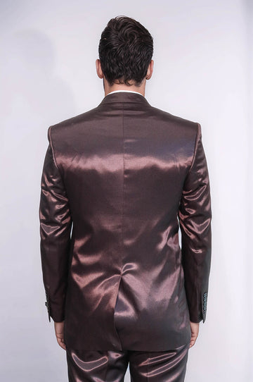 Abito da uomo marrone satinato a due pezzi slim fit a due bottoni