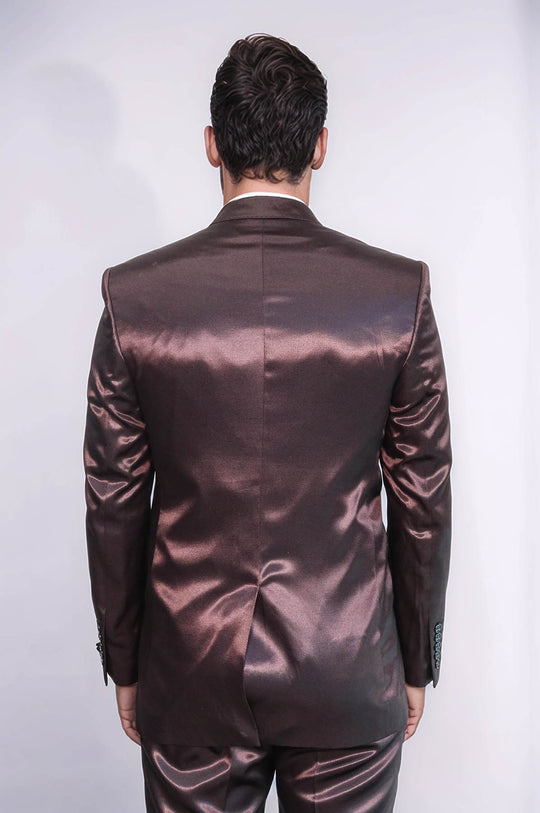 Abito da uomo marrone satinato a due pezzi slim fit a due bottoni