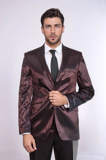 Abito da uomo marrone satinato a due pezzi slim fit a due bottoni
