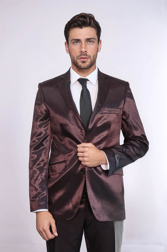 Abito da uomo marrone satinato a due pezzi slim fit a due bottoni