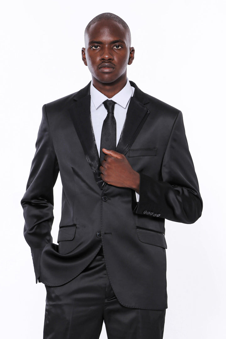 Two Buttons Two Piece Shiny Black Men Suit - Wessi