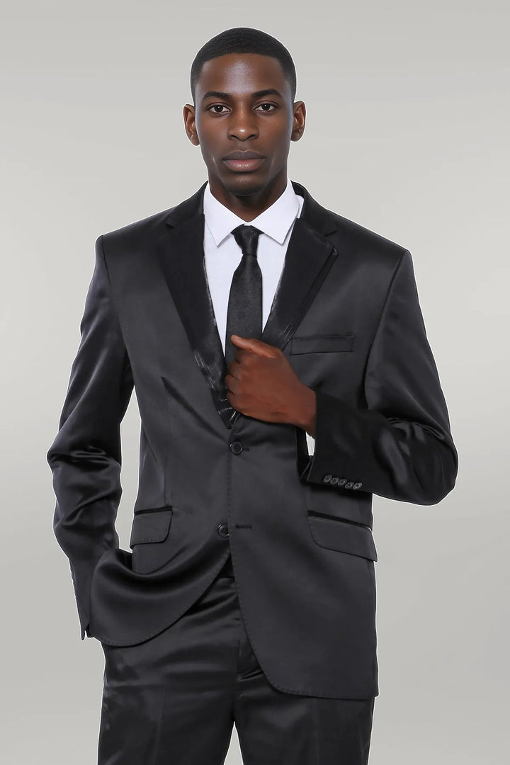 Two Buttons Two Piece Shiny Black Men Suit - Wessi