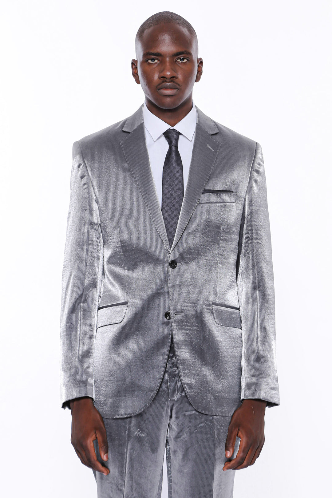 Abito da uomo grigio satinato a due pezzi slim fit a due bottoni