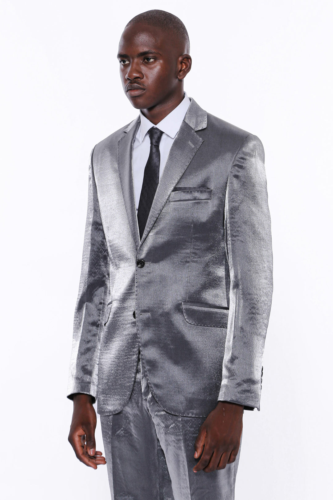 Abito da uomo grigio satinato a due pezzi slim fit a due bottoni