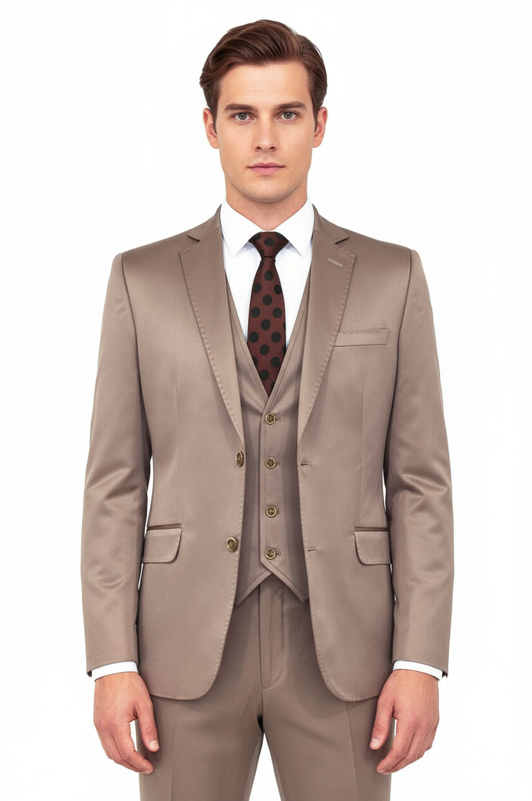Plain Vested Light Brown Men Suit - Wessi