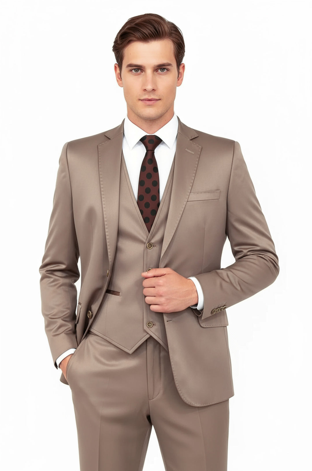Plain Vested Light Brown Men Suit - Wessi
