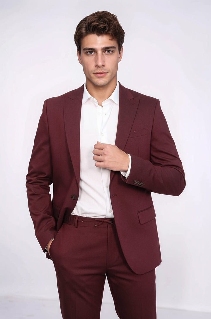 Single Buttons 2 Piece Burgundy Men Suit - Wessi