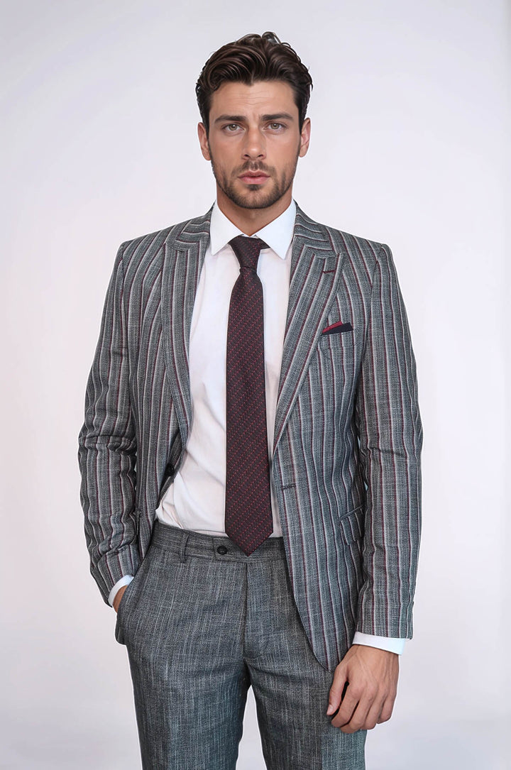 Striped Two Piece Grey Men Suit - Wessi