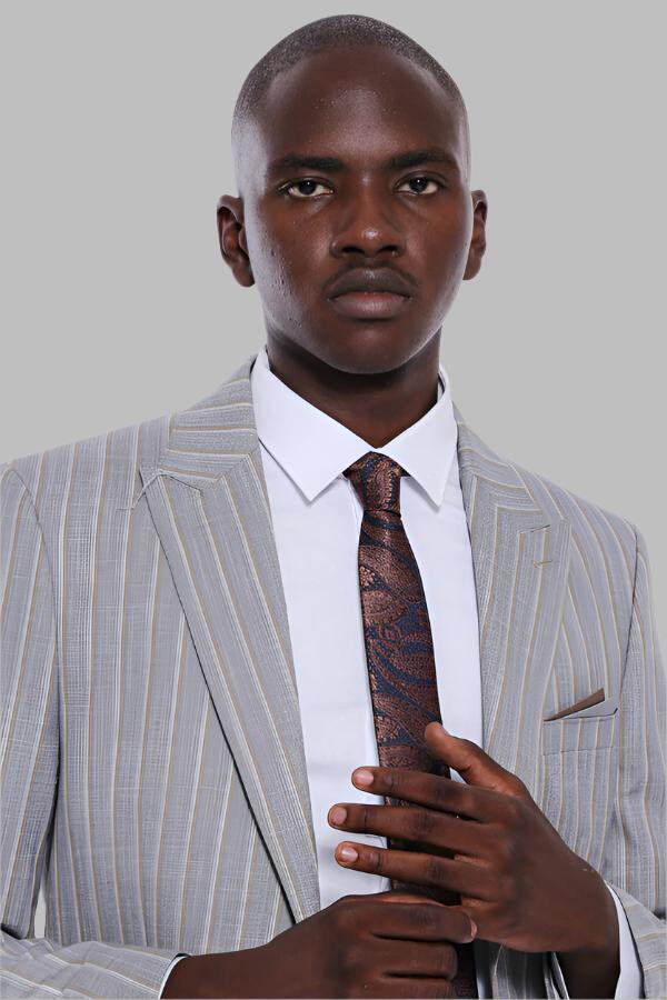 Striped Blazer Plain Pants Grey Men Suit Wessi