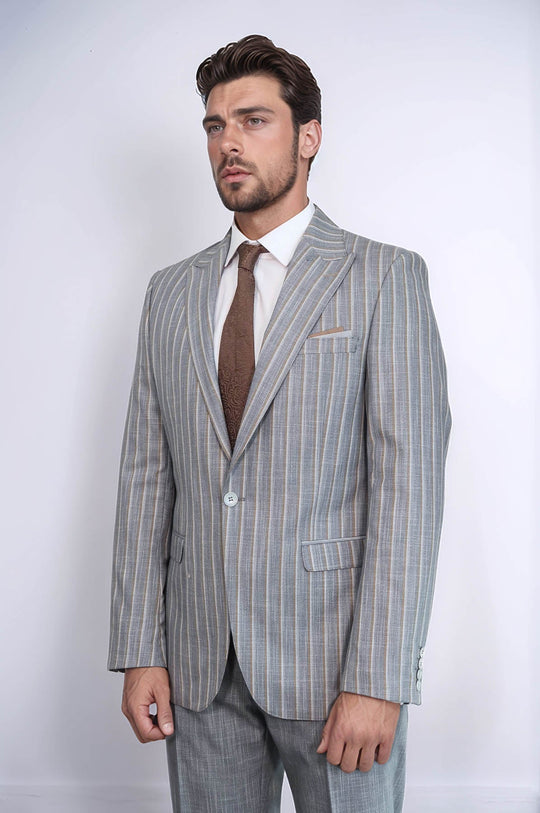Blazer Rayas Pantalón Liso Traje Gris Hombre - Wessi