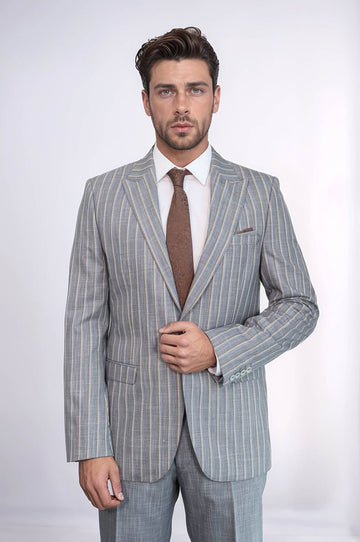 Blazer Rayas Pantalón Liso Traje Gris Hombre - Wessi
