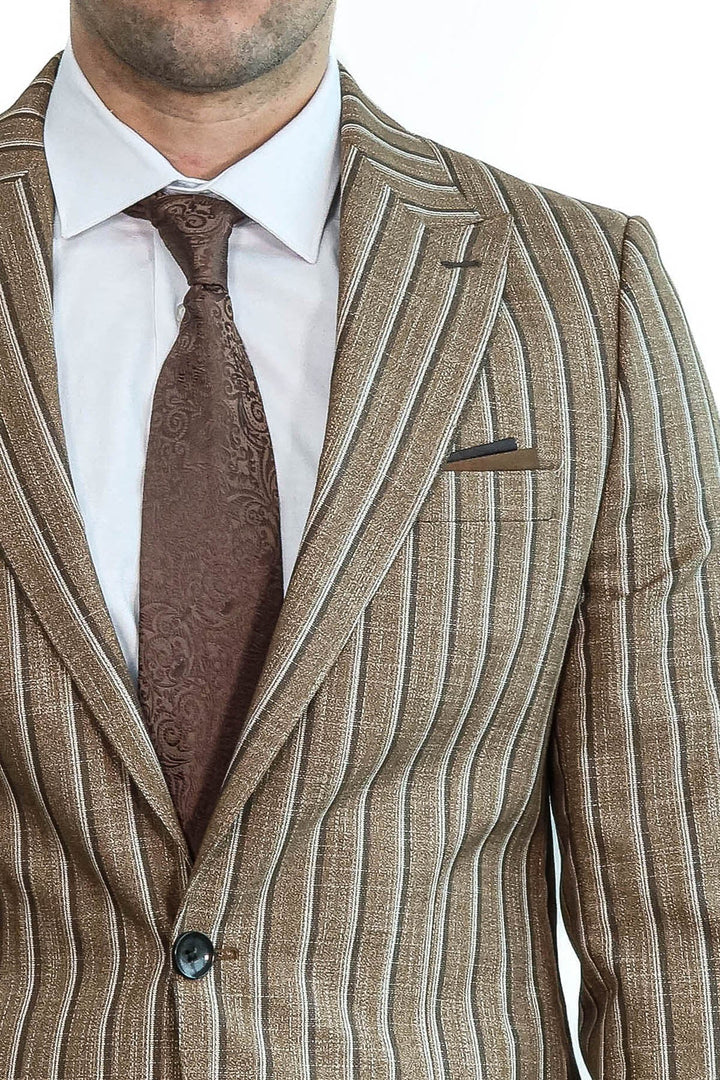 Striped Blazer Plain Pants Light Brown Men Suit - Wessi