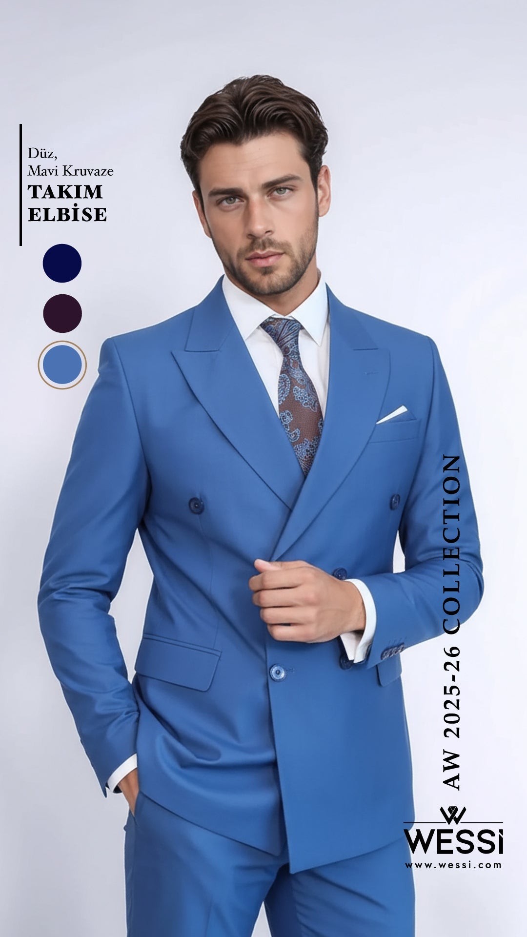 Double Breasted Slim Fit Blue Men Suit - Wessi
