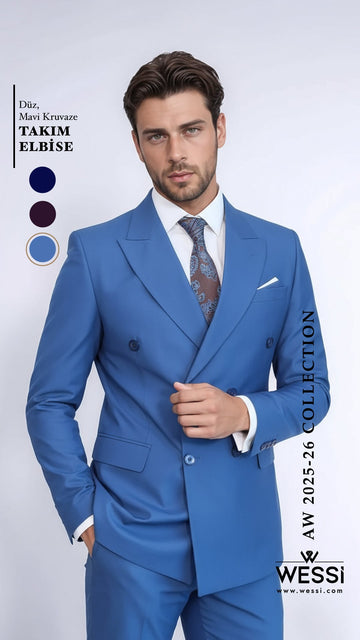 Costume Homme Bleu Coupe Slim Double Boutonnage - Wessi