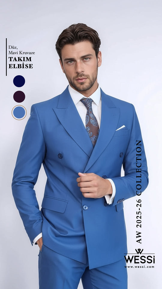 Costume Homme Bleu Coupe Slim Double Boutonnage - Wessi