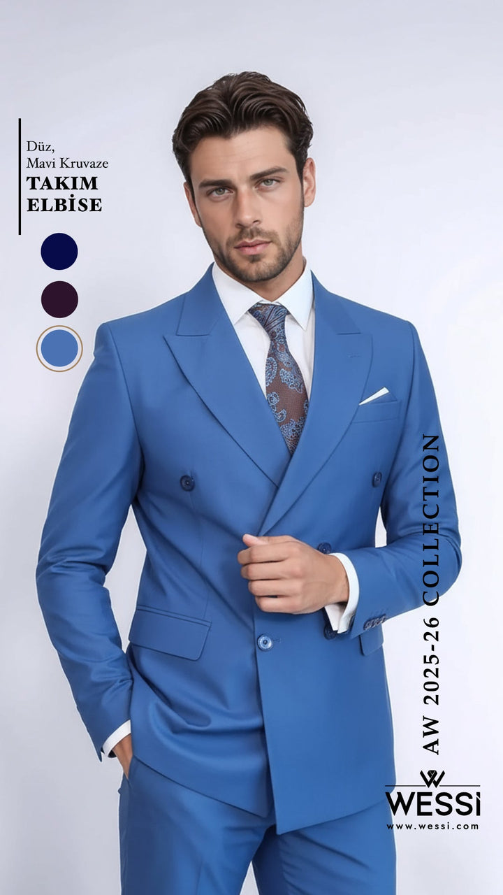 Double Breasted Slim Fit Blue Men Suit - Wessi
