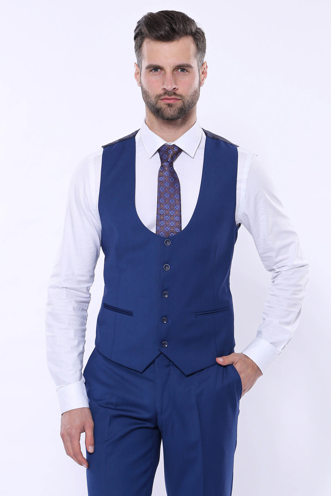 Traje azul marino liso con chaleco - Wessi
