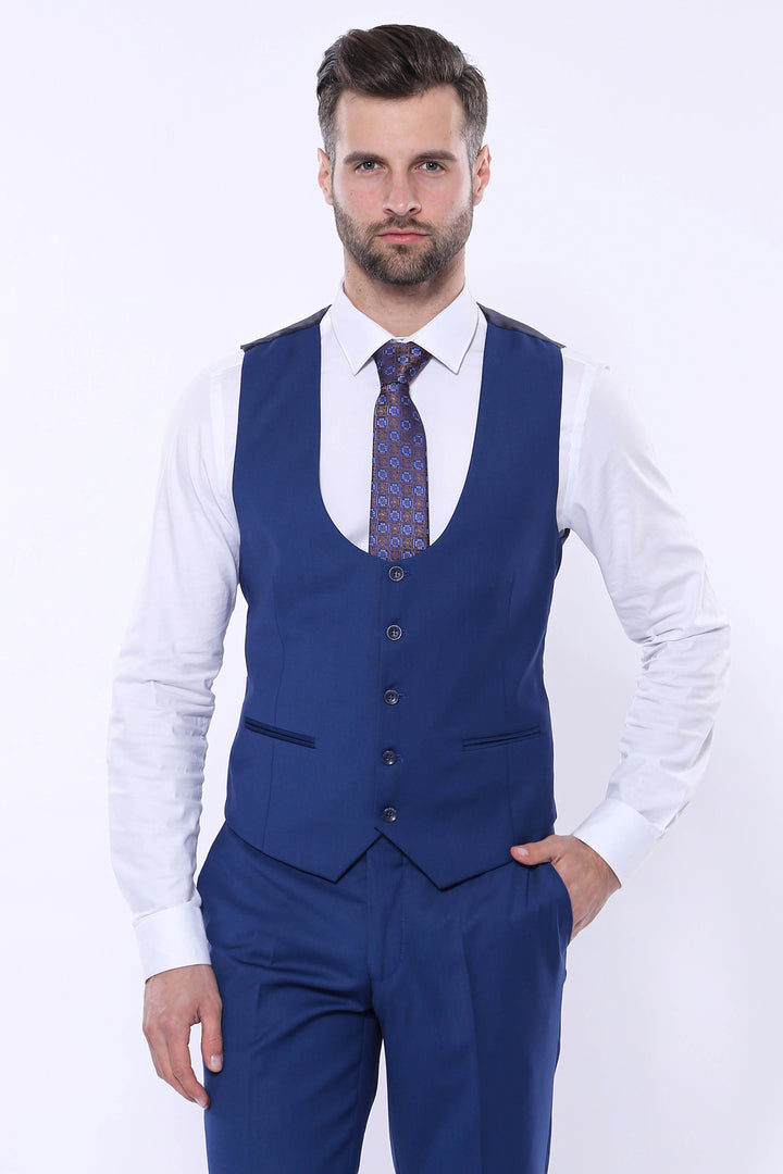 Traje azul marino liso con chaleco - Wessi