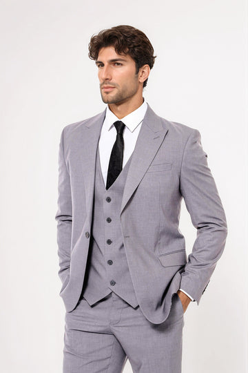 Traje gris liso para hombre con chaleco - Wessi