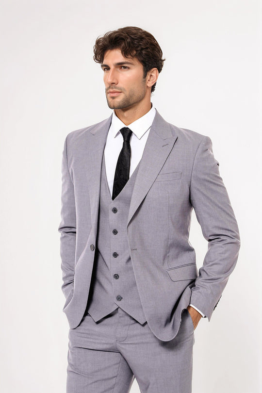 Traje gris liso para hombre con chaleco - Wessi