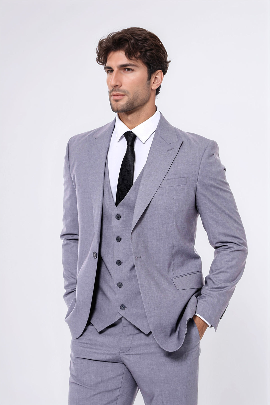 Grey Men's Plain Suit with Vest - Wessi