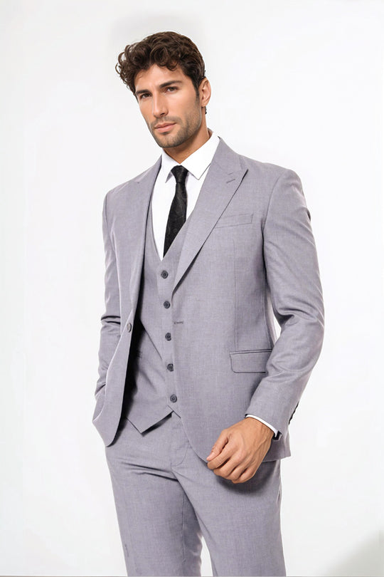 Traje gris liso para hombre con chaleco - Wessi