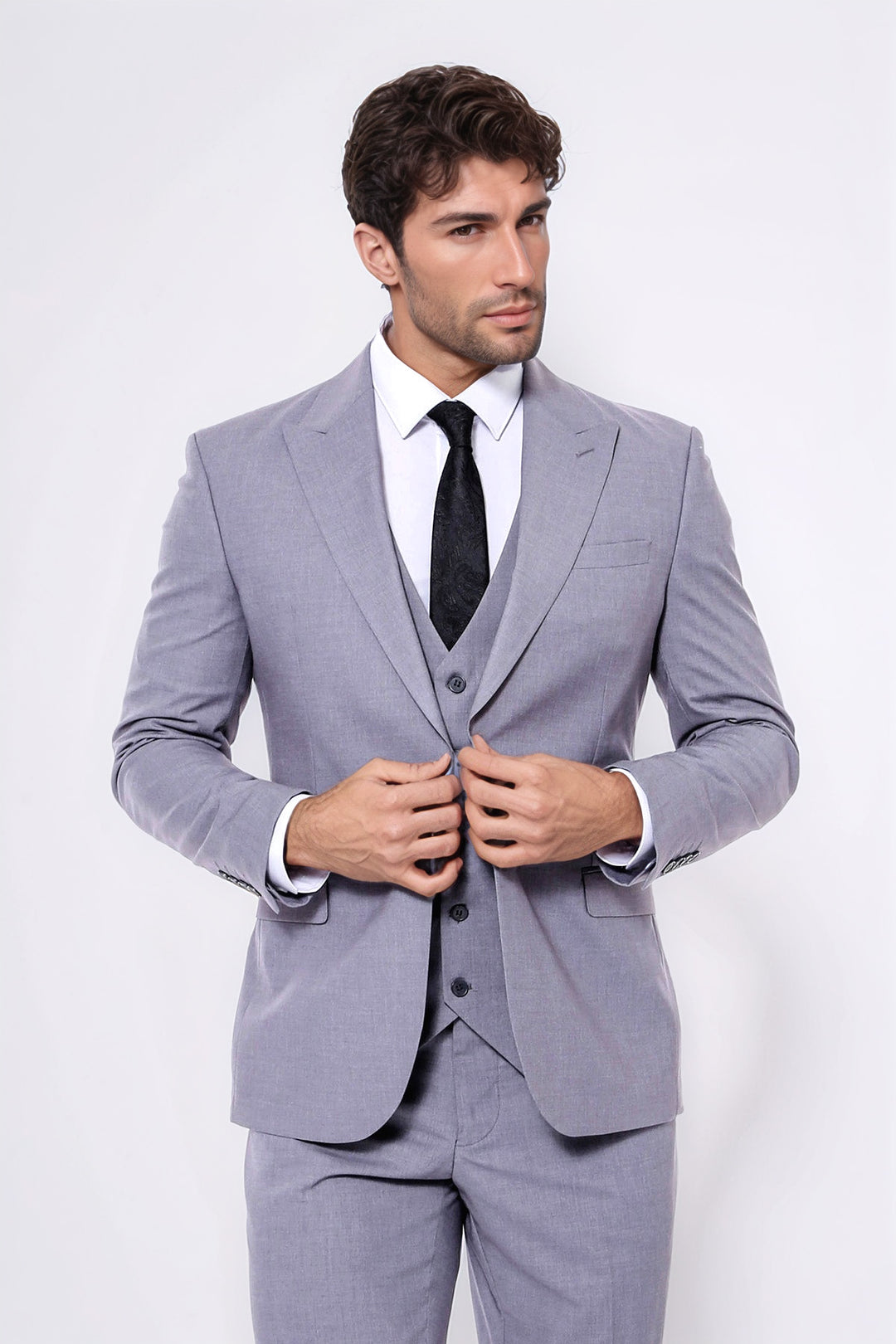Grey Men's Plain Suit with Vest - Wessi