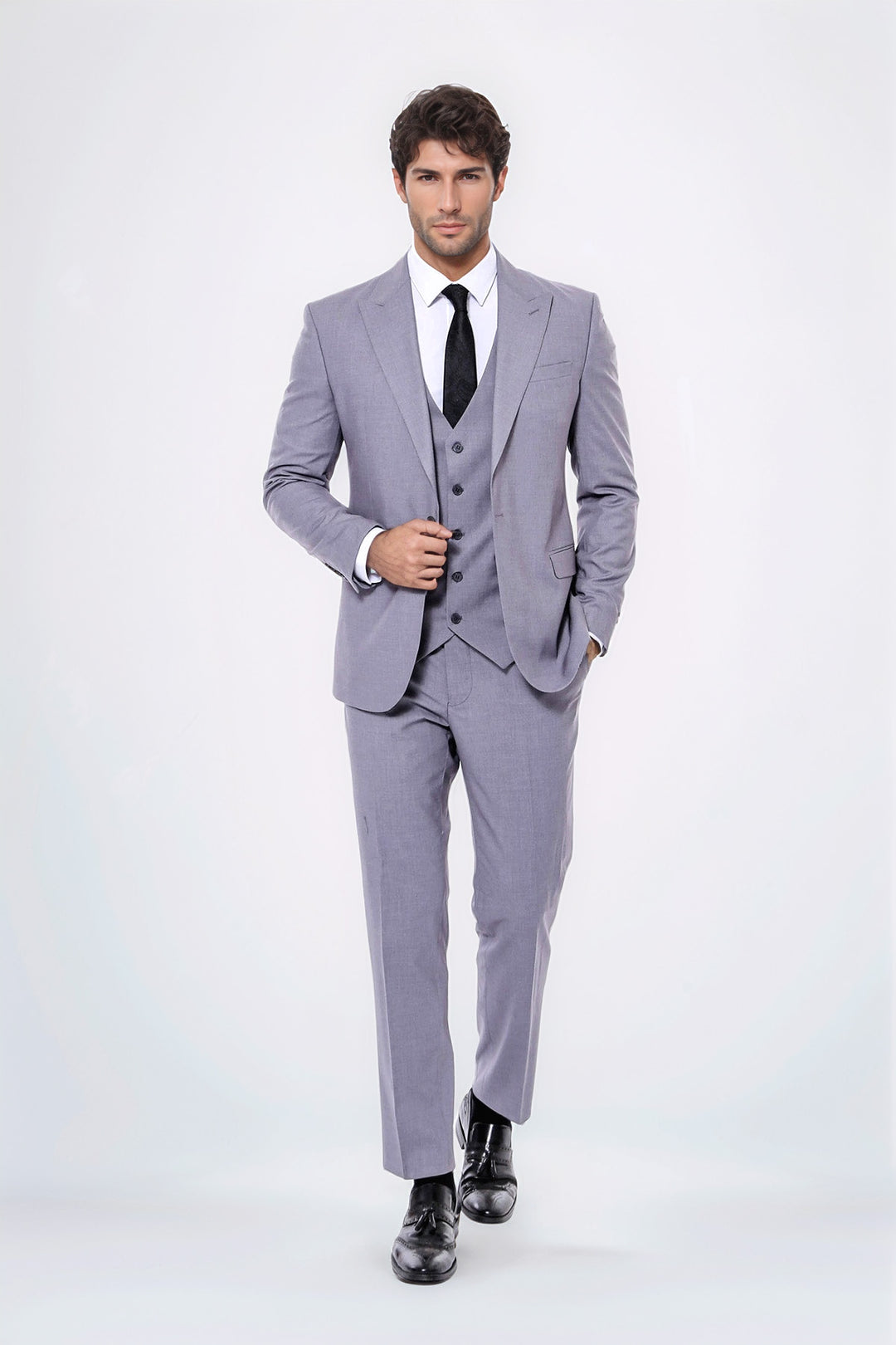 Grey Men's Plain Suit with Vest - Wessi