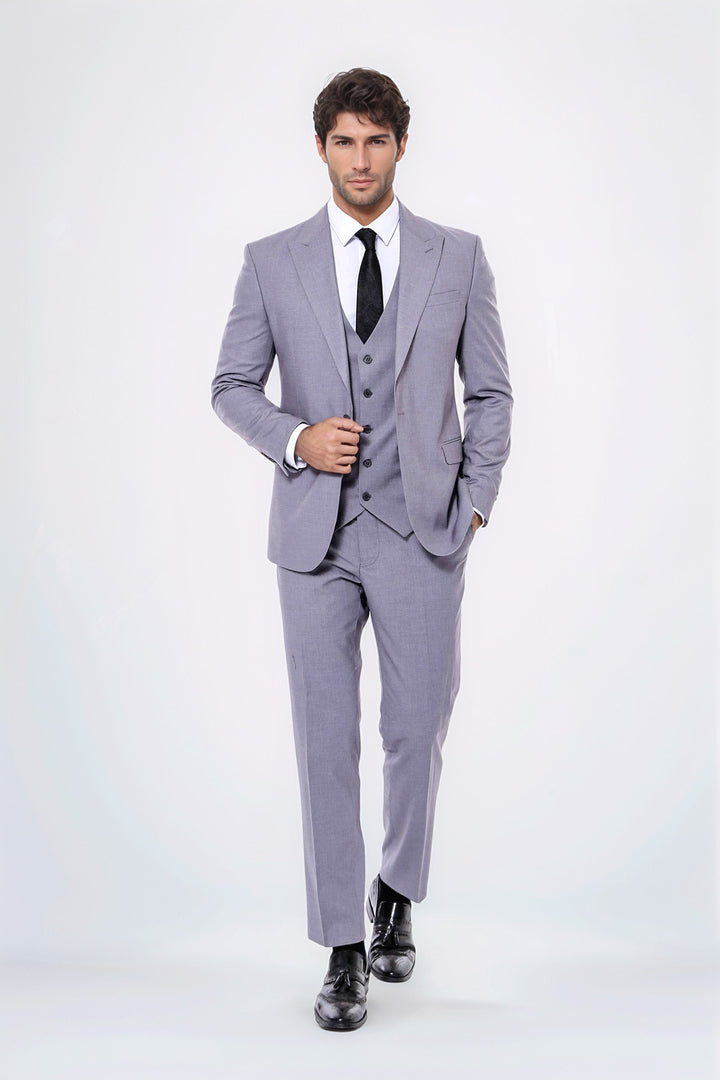 Grey Men's Plain Suit with Vest - Wessi