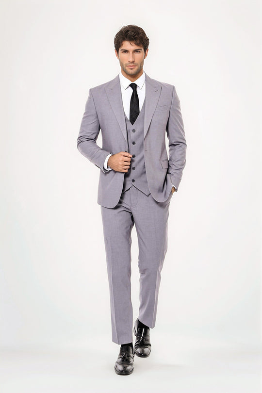 Traje gris liso para hombre con chaleco - Wessi