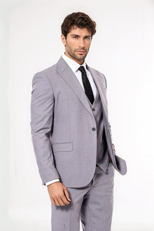 Traje gris liso para hombre con chaleco - Wessi