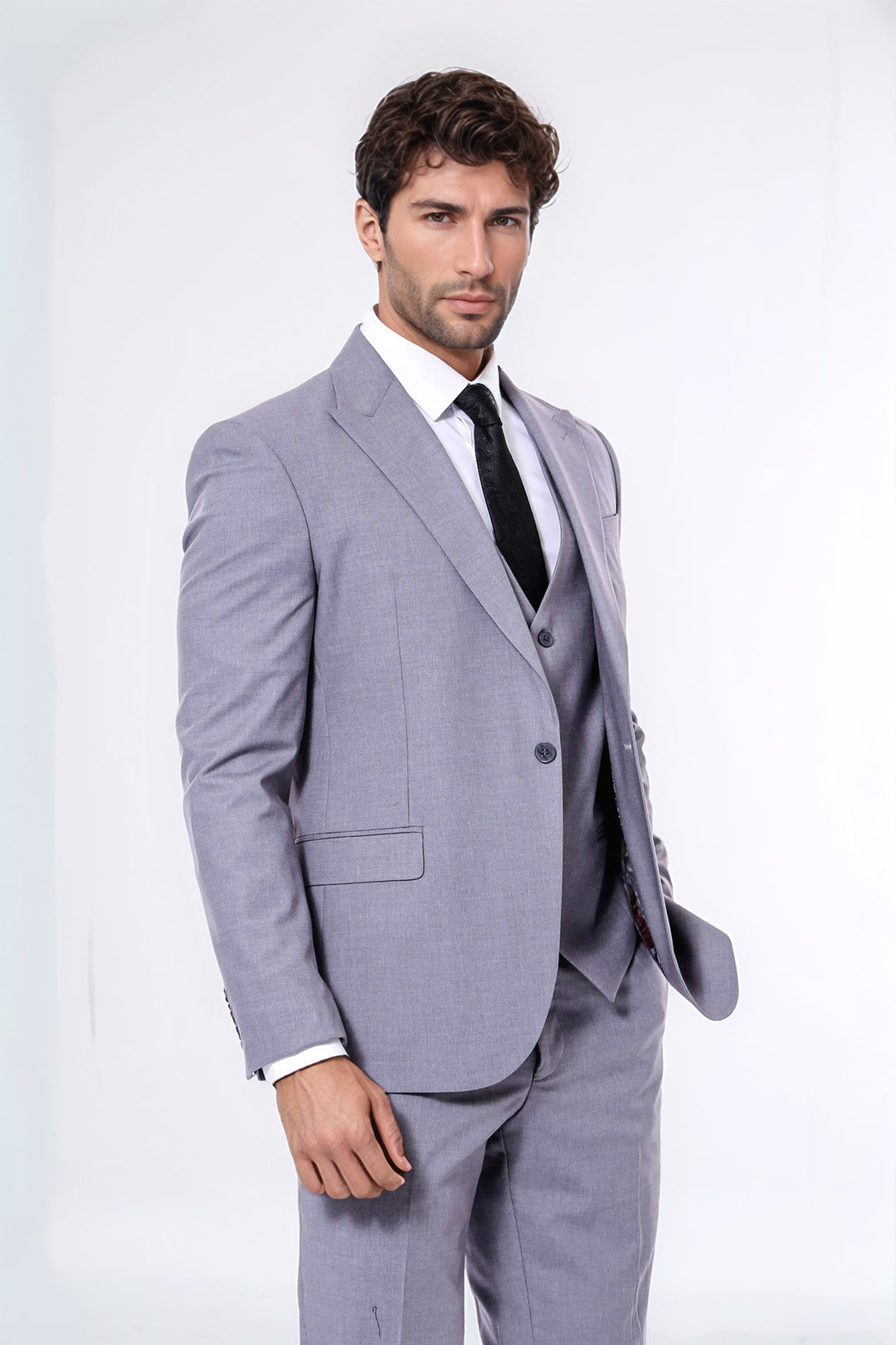 Grey Men's Plain Suit with Vest - Wessi