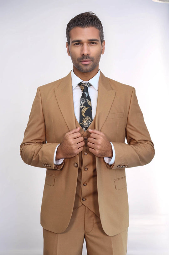 Tan Plain Slim Fit 3-Piece Vested Suit | Wessi Men's Suit Wessi - Discover Diversity Tan Plain Slim Fit 3-Piece Vested Suit | Wessi Men's Suit Wessi - Discover Diversity