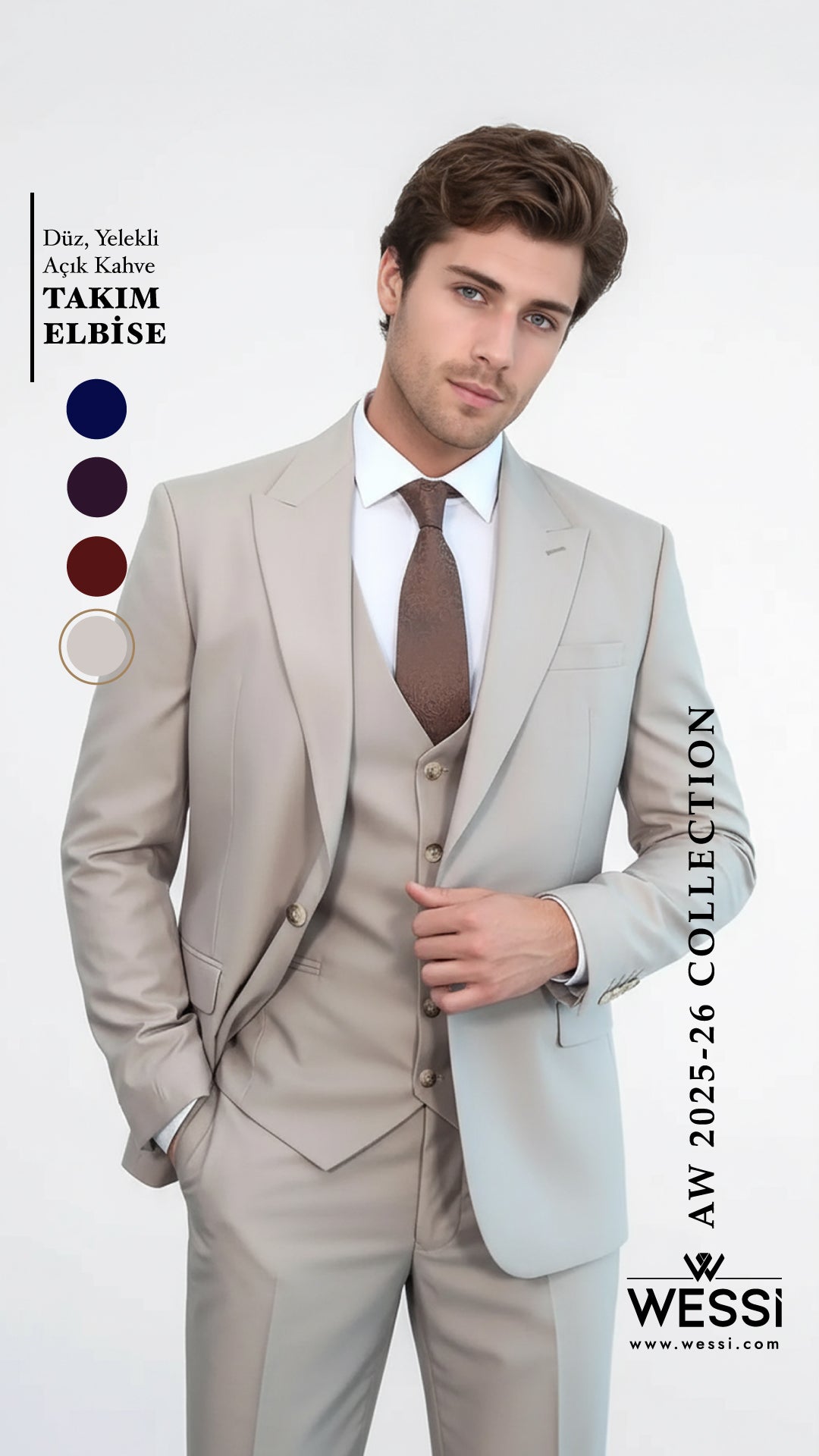 Plain Slim Fit Light Brown Men Suit - Wessi