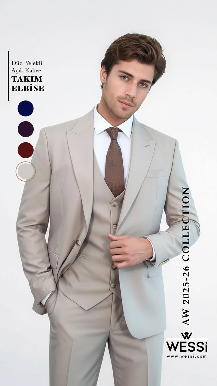 Plain Slim Fit Light Brown Men Suit - Wessi